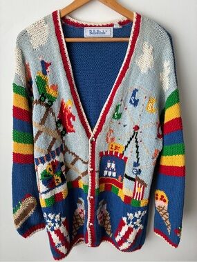 Belle Pointe Sweater Womens XL Vintage Carnival Carousel Novelty Knit Ramie